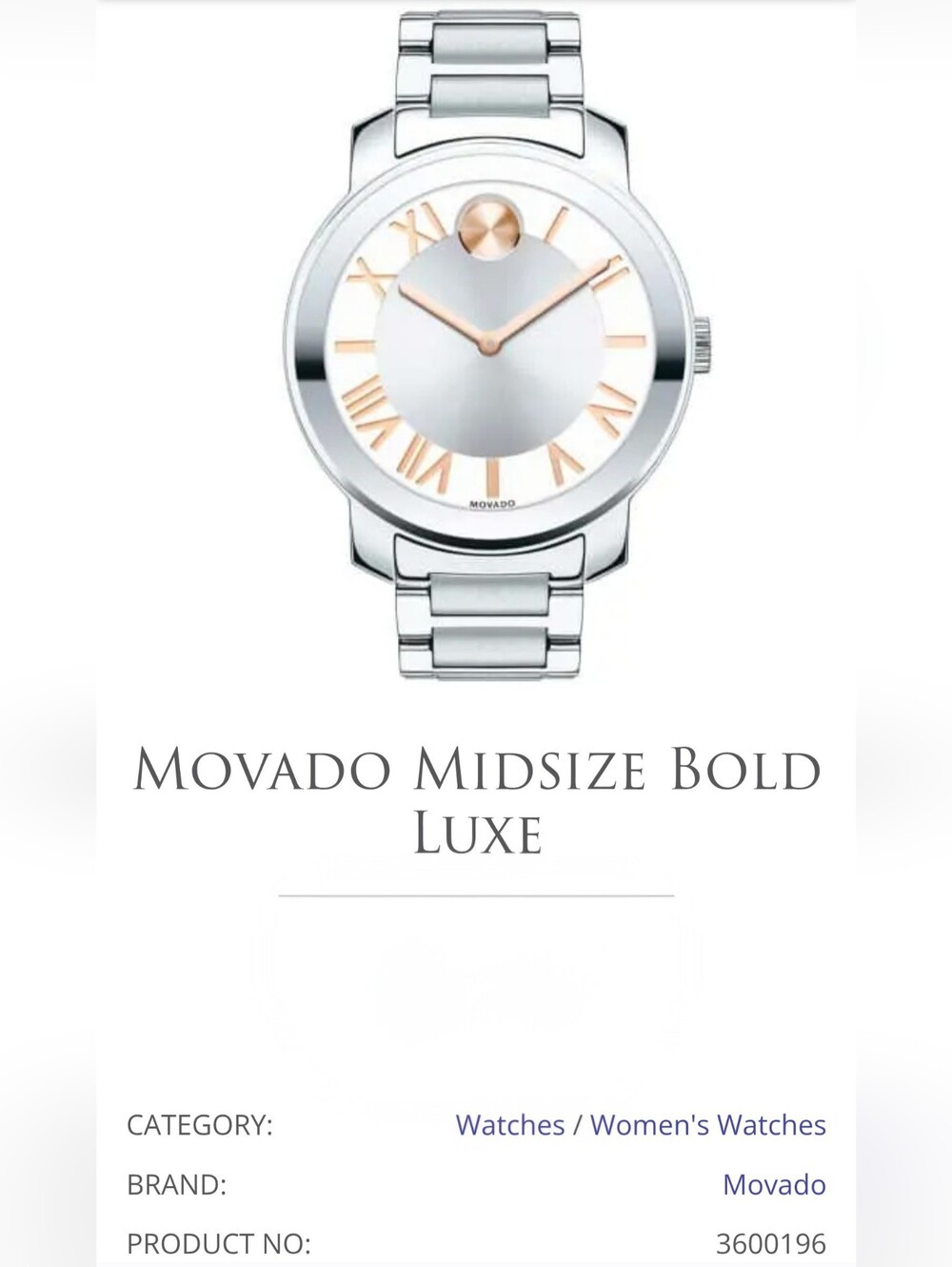 Gently Used - Movado Bold Water Resistant Silver Rose Gold